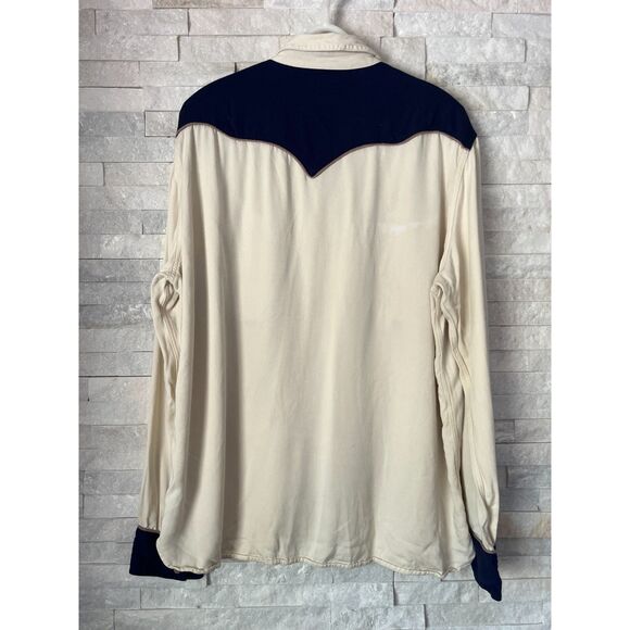 Vintage The J. Peterman Co Ivory Blue Pearl Snap Western Shirt Top  Mens Size XL - Picture 6 of 14